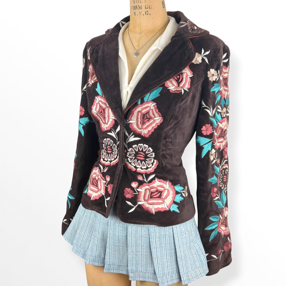 Vtg Cache Floral Embroidered Brown Velvet Fitted Blazer Jacket Sz 4 Y2K Western - Picture 3 of 12